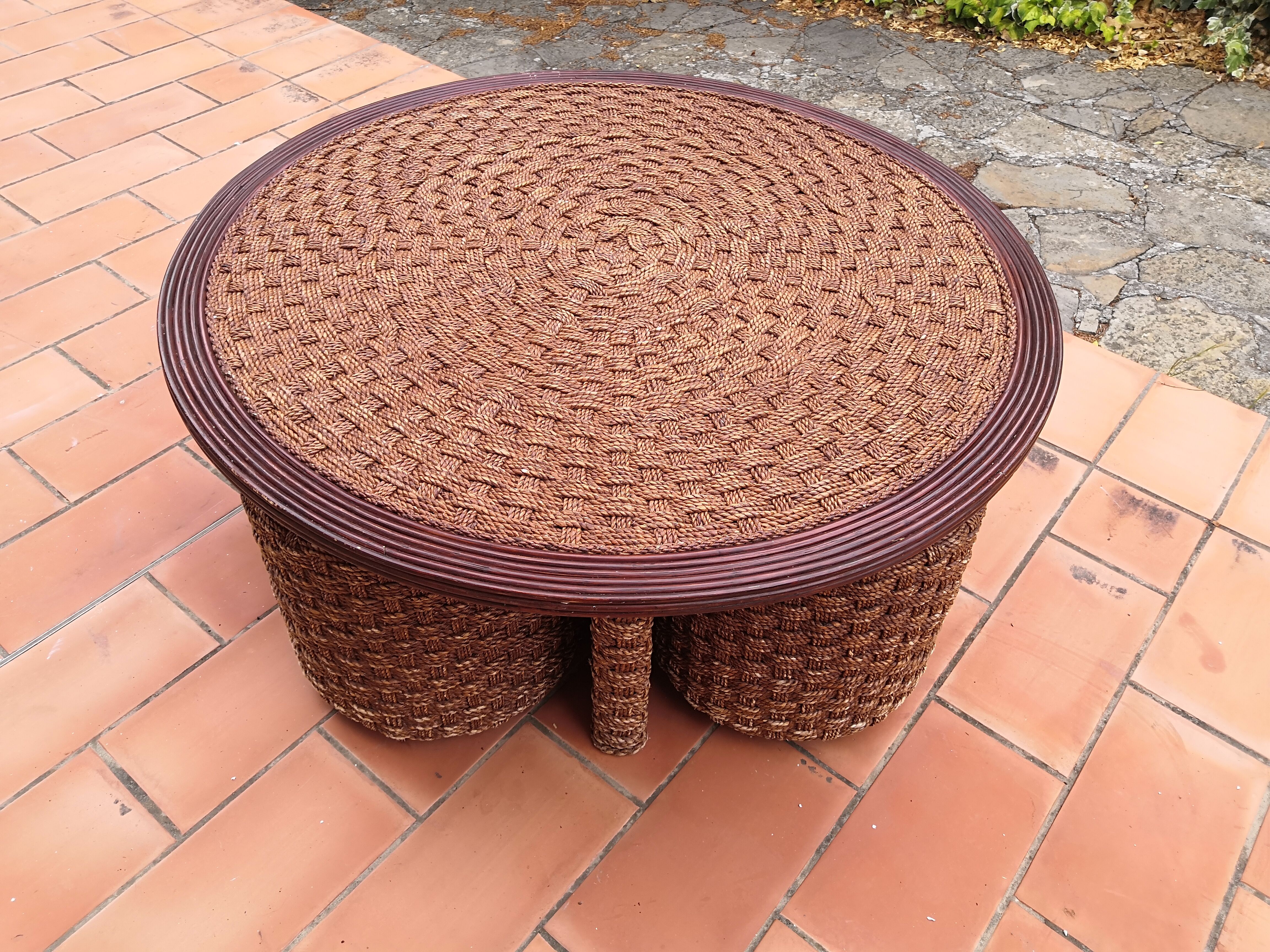 Living room set, vintage rope coffee table with 4 stools 1950