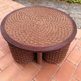 Living room set, vintage rope coffee table with 4 stools 1950