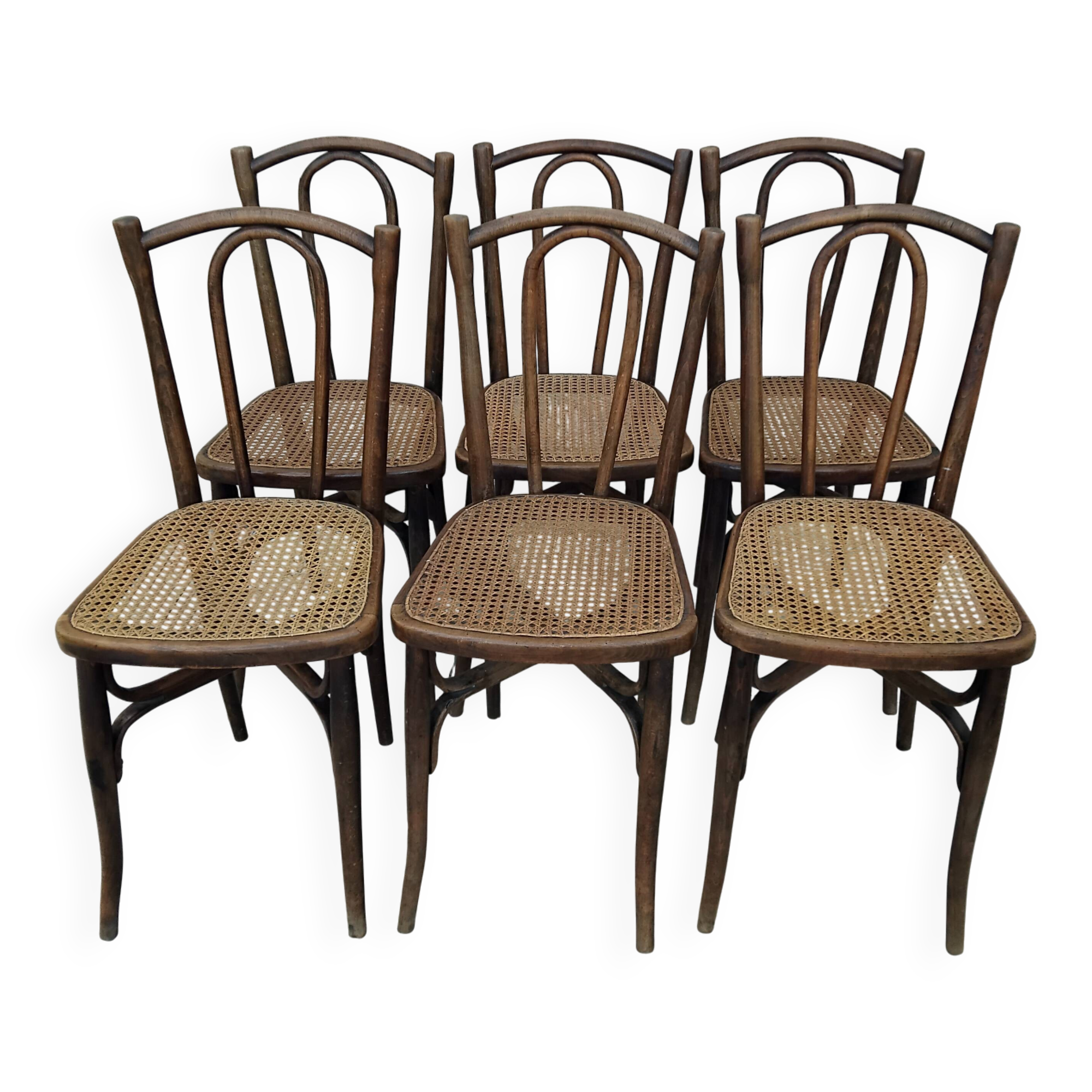 6 antique bistro chairs with curved wood and caning from 1900 L&H Cambier Frères