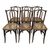 6 antique bistro chairs with curved wood and caning from 1900 L&H Cambier Frères