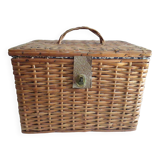 Vintage rattan suitcase trunk basket with lid