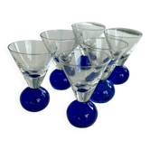 Set of 6 blown glass liqueur glasses or verrines – blue ball foot