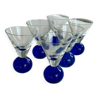 Set of 6 blown glass liqueur glasses or verrines – blue ball foot