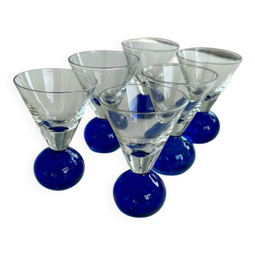 Set of 6 blown glass liqueur glasses or verrines – blue ball foot