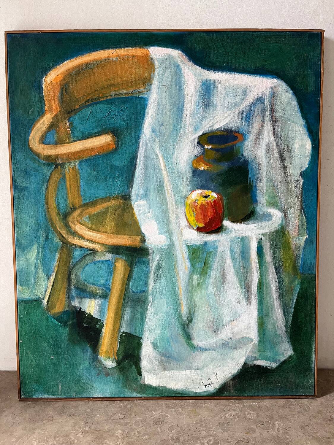 Nature morte sur chaise, signée Miguel Anibal 98