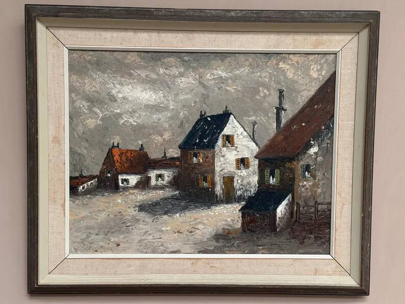 Original Swedish Oil on Canvas – "Houses", Unknown Author – Signed, Vintage and Framed – 61 x 51 cm (24 x 20 inches)