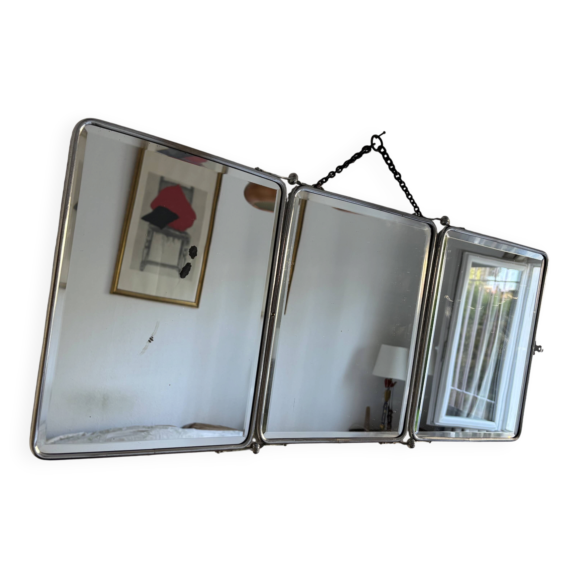 Vintage 1940s triptych barber mirror, bevelled chrome, snake imitation - 31 x