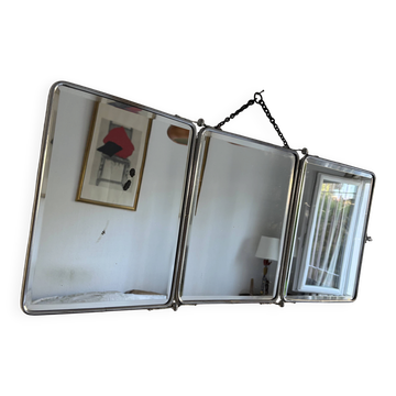 Vintage 1940s triptych barber mirror, bevelled chrome, snake imitation - 31 x