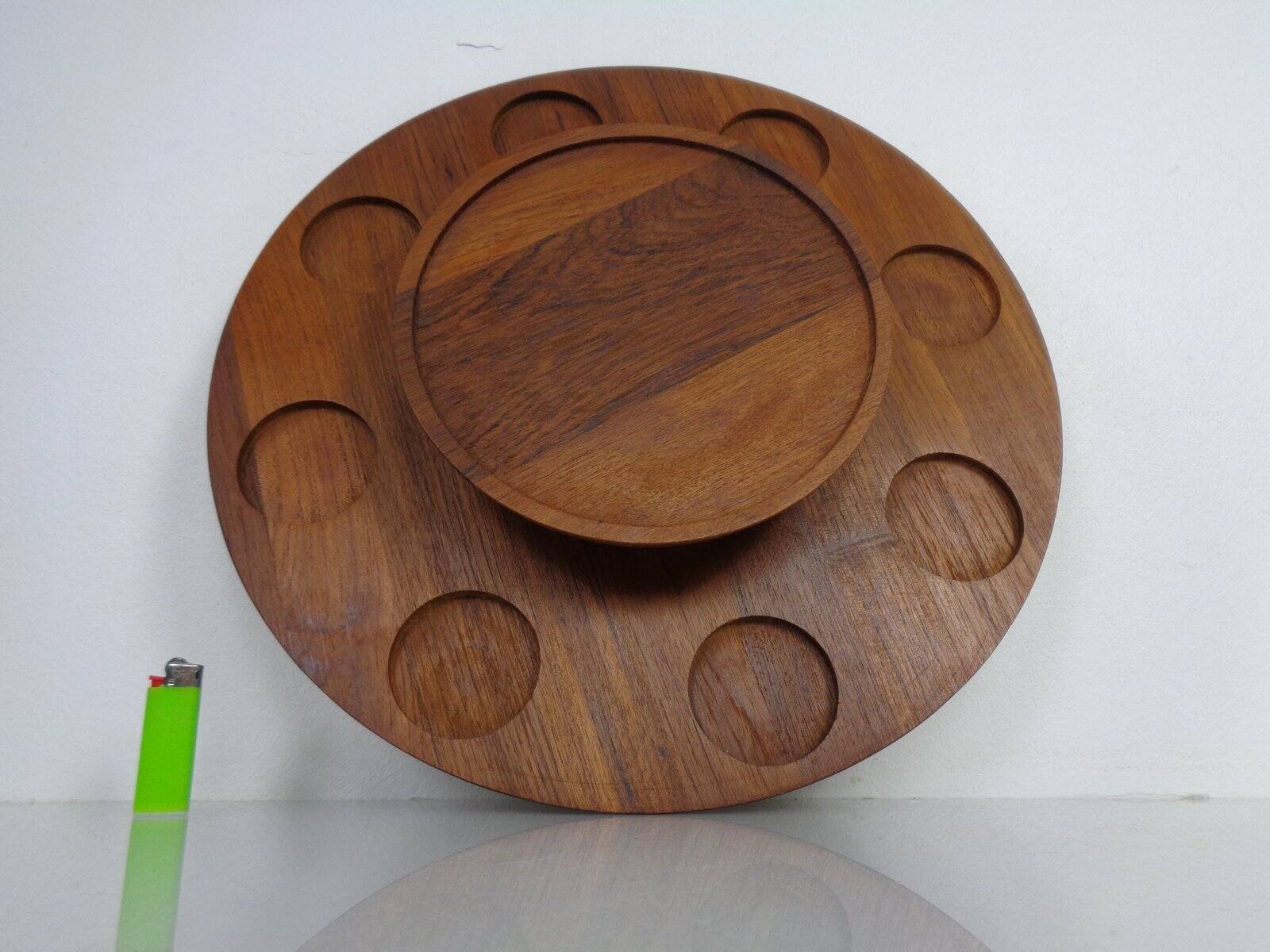 Rotating Teak Tray with Ceramic Bowls, Denmark, 1960s, Set of 10