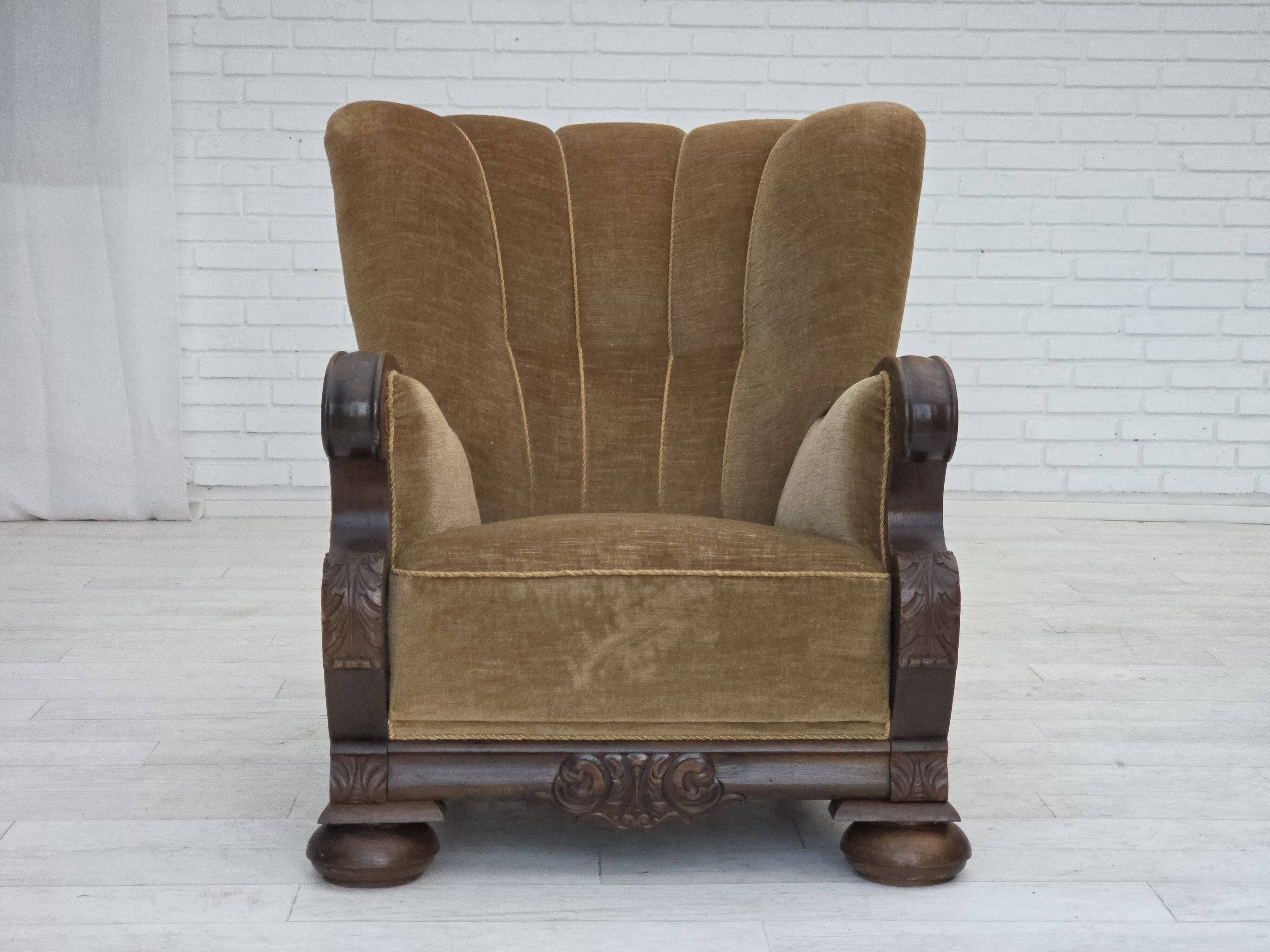 1960s, Danish relax chair, original green furniture velour, oak wood.