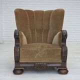 1960s, Danish relax chair, original green furniture velour, oak wood.