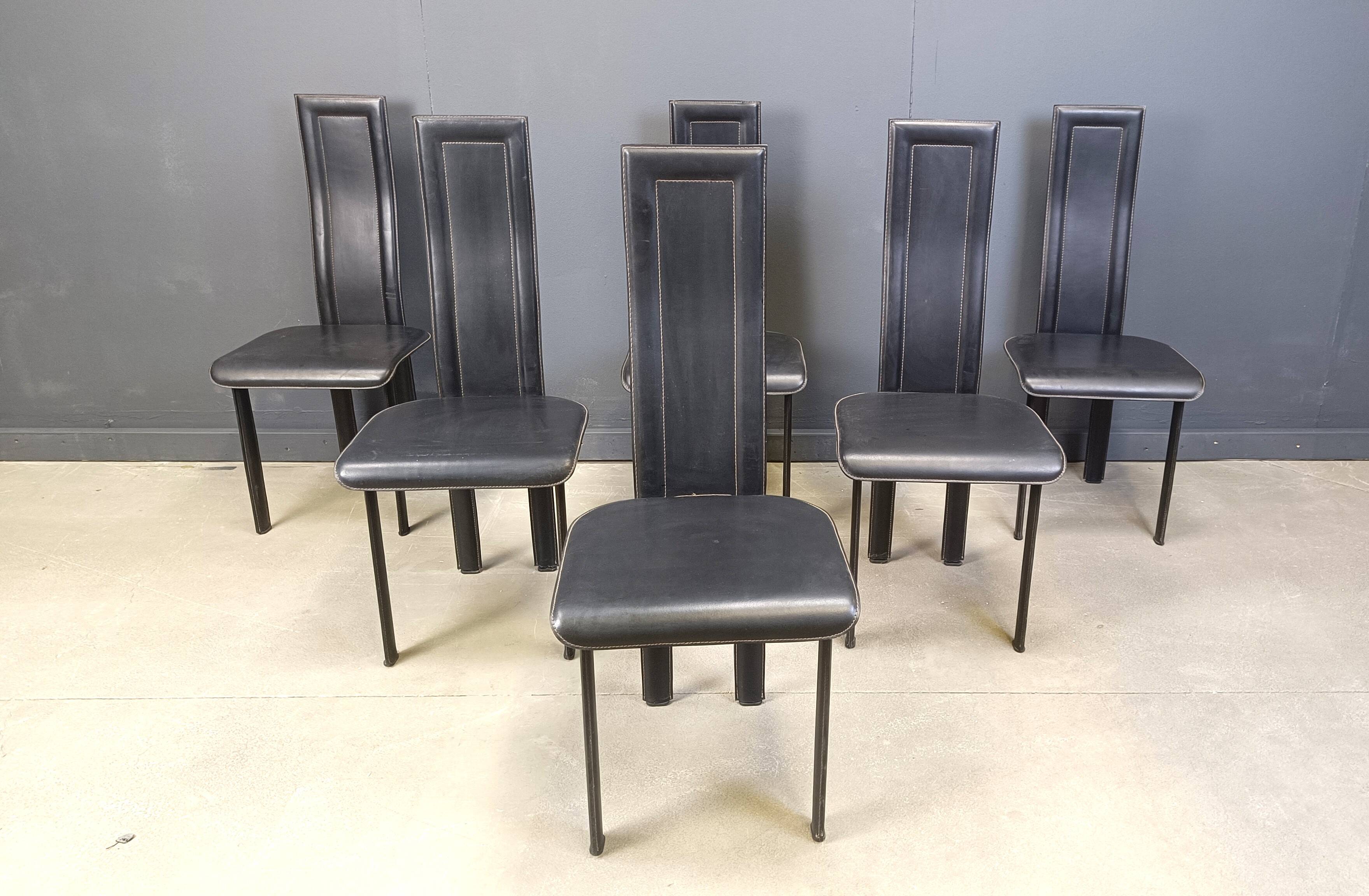 Set of 6 post modern black leather dining chairs, 1980s