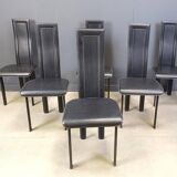 Set of 6 post modern black leather dining chairs, 1980s