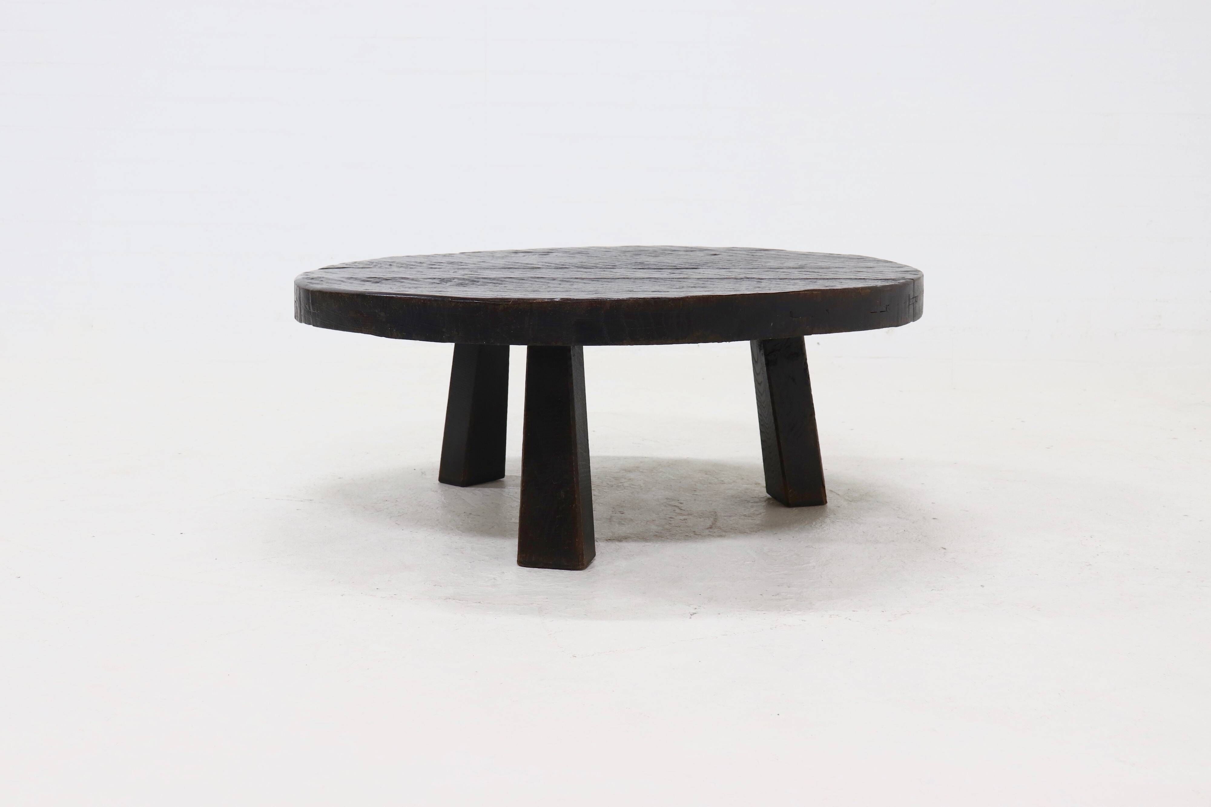 Brutalist Solid Stained Oak Round Tripod Coffee Table 1970s