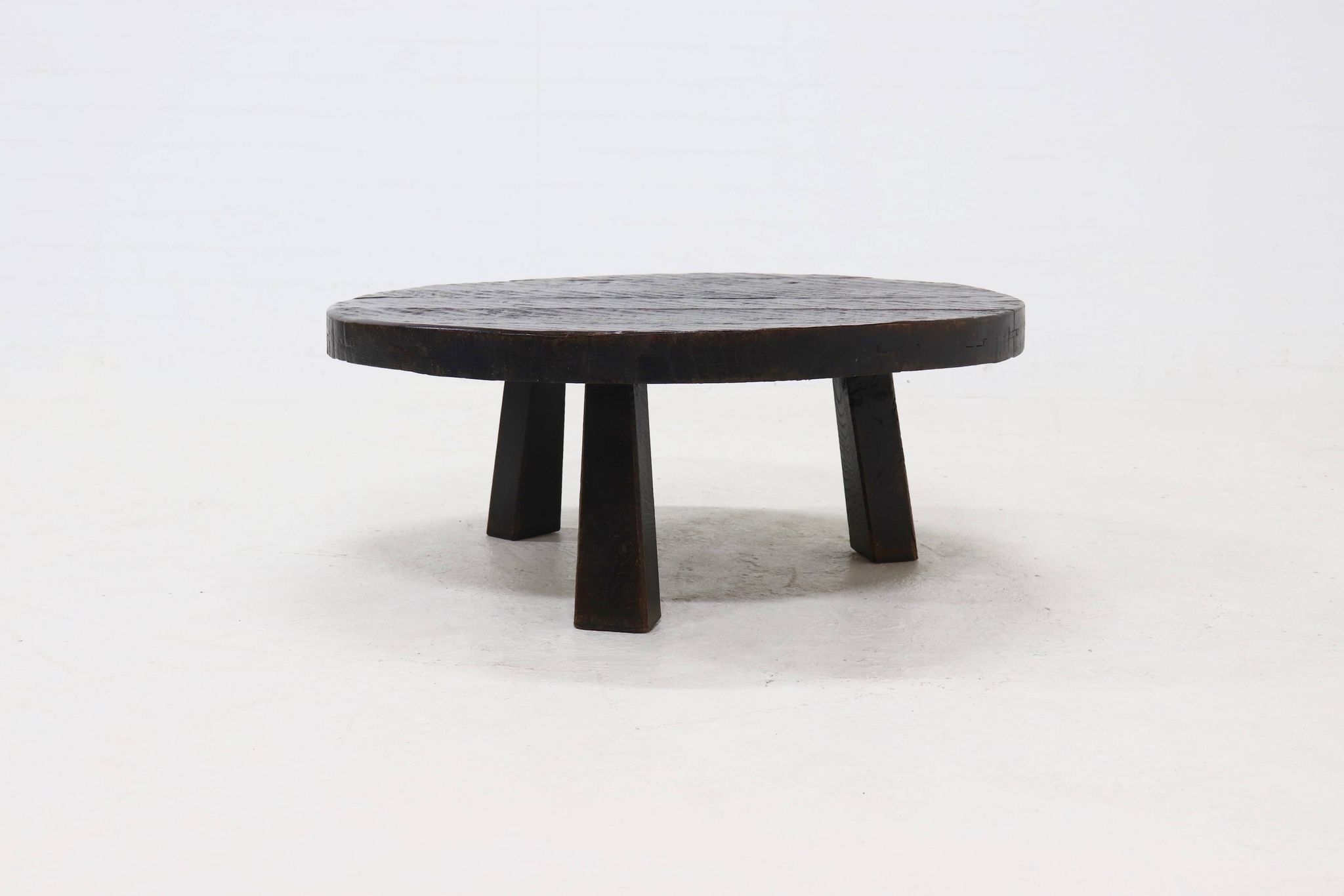 Brutalist Solid Stained Oak Round Tripod Coffee Table 1970s