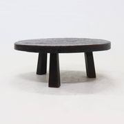 Brutalist Solid Stained Oak Round Tripod Coffee Table 1970s