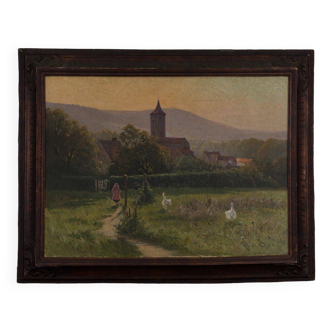 Huile par Charles Hallé 1867-1924 jeune fille aux oies paysage