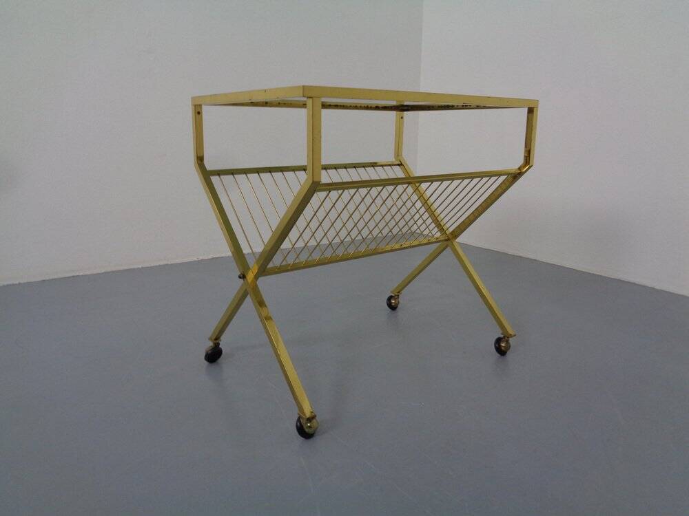 French brass and glass cart with magazine rack, 1960s