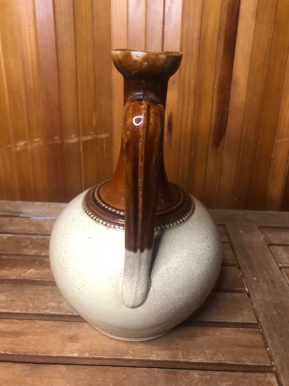 Old Vintage White & Brown Cracked Ceramic Pitcher