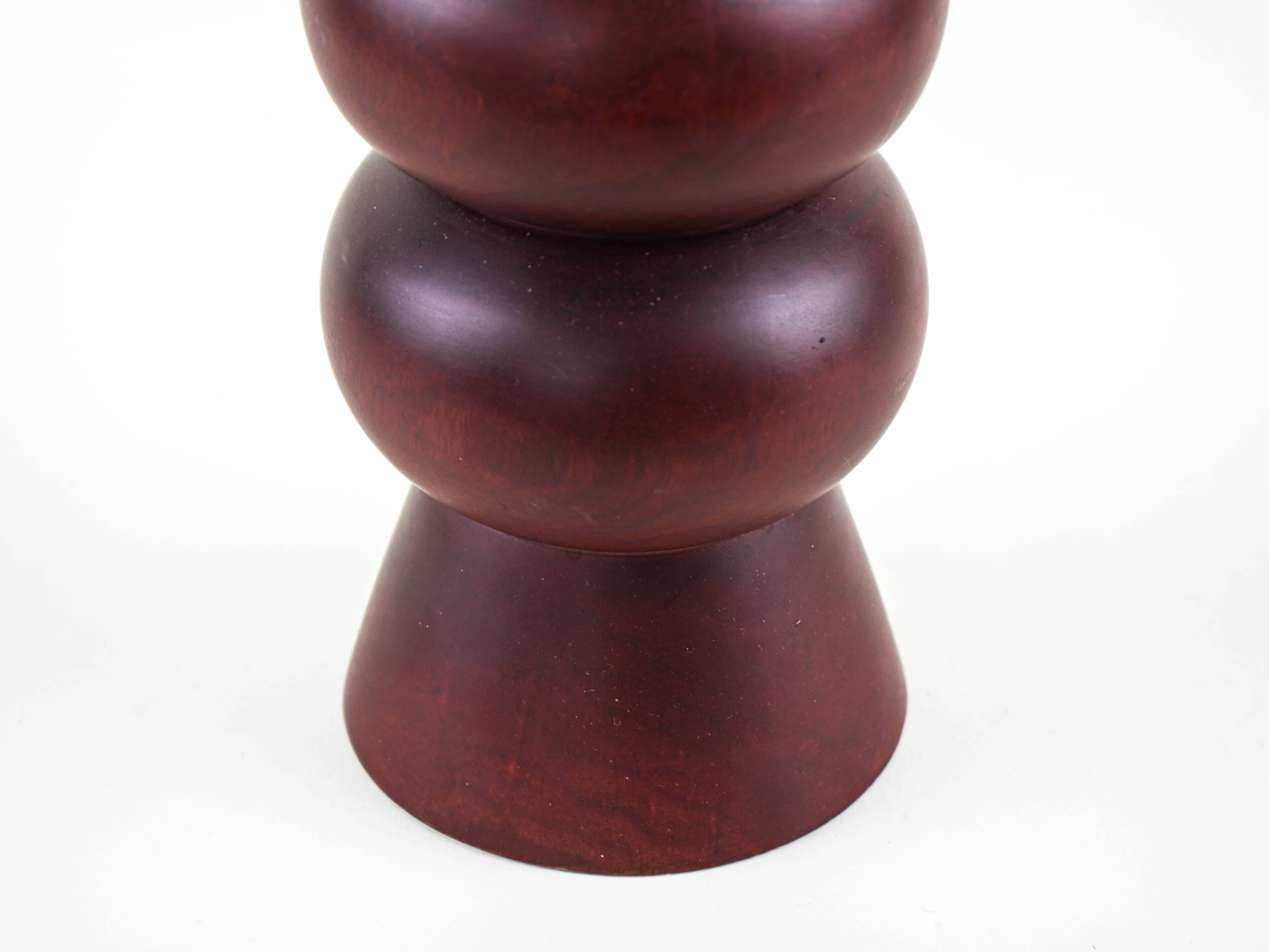 Turned wooden vase in segmented technique, burgundy, Danish, 1970s