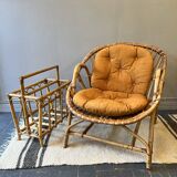 Rattan basket armchair with its cushion