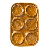 Vintage ochre earthenware artichoke dish, 6 compartments, relief flowers.