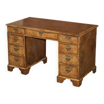 Bureau à deux caissons antique victorien en noyer burr et cuir
