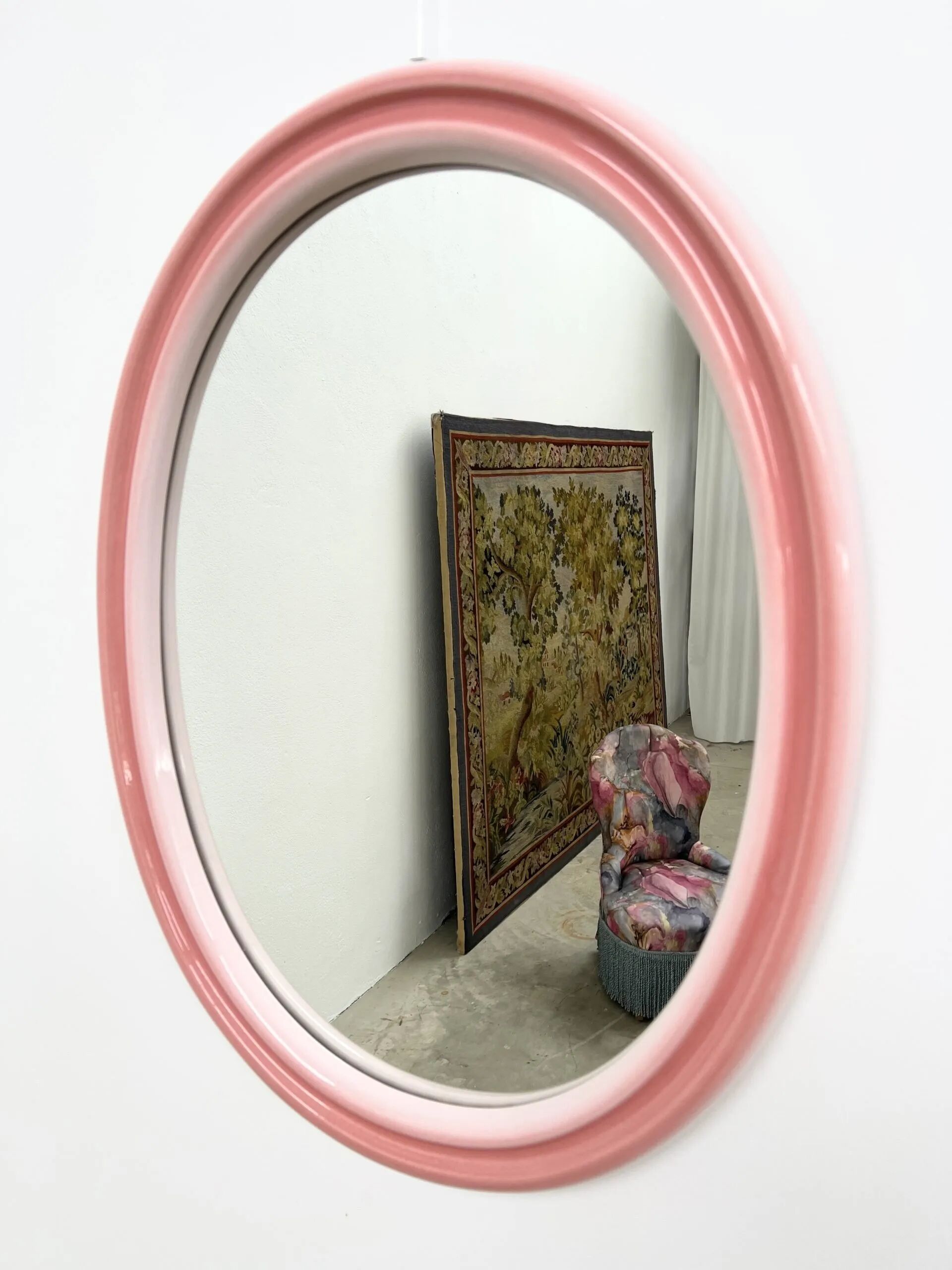 Large oval pink ceramic mirror (76cm) – vintage Italian design