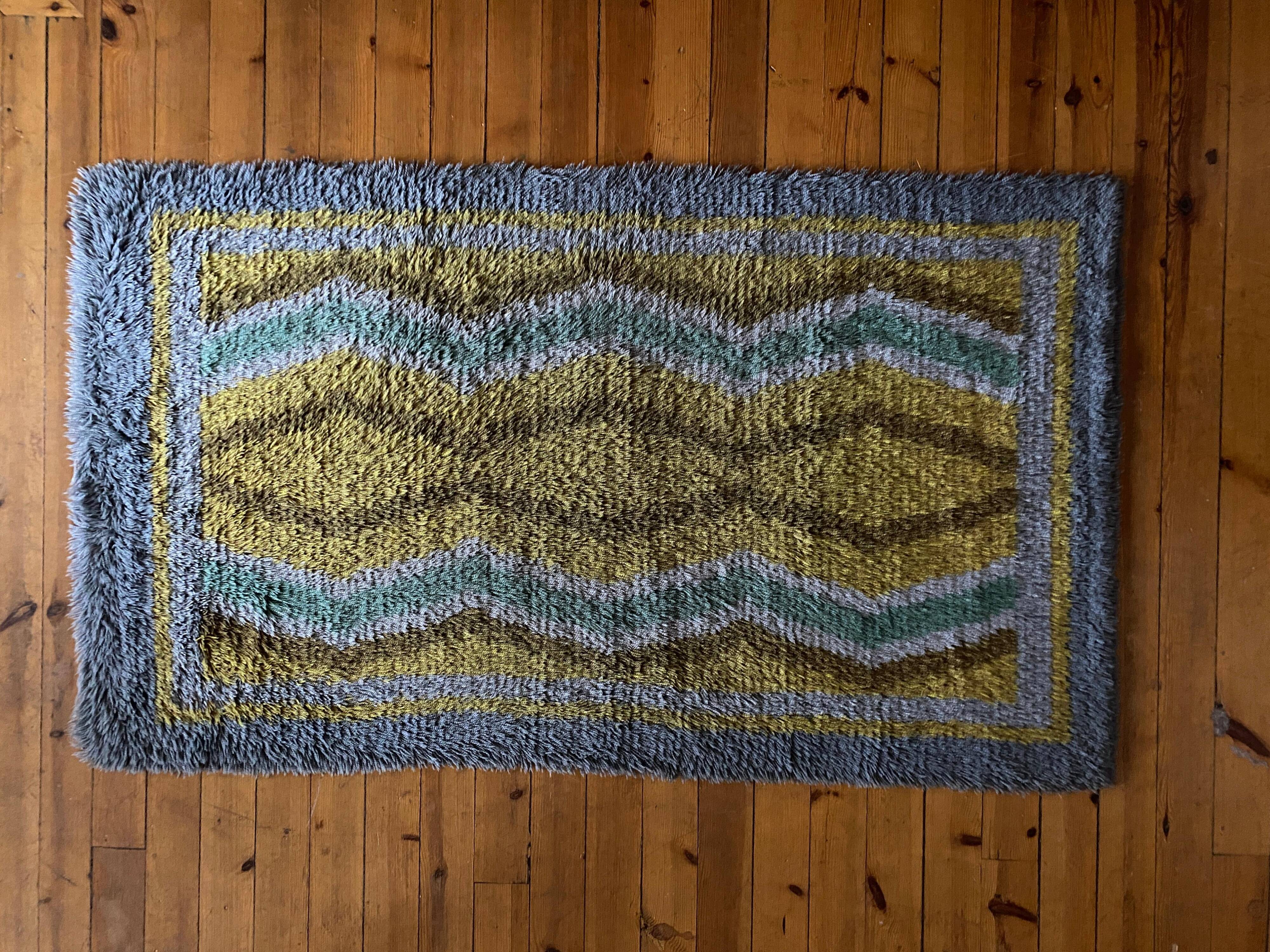 Mid-century Modern High Pile, Yellow, Aquamarine & Grey Rya Rug, Sweden, 1960s