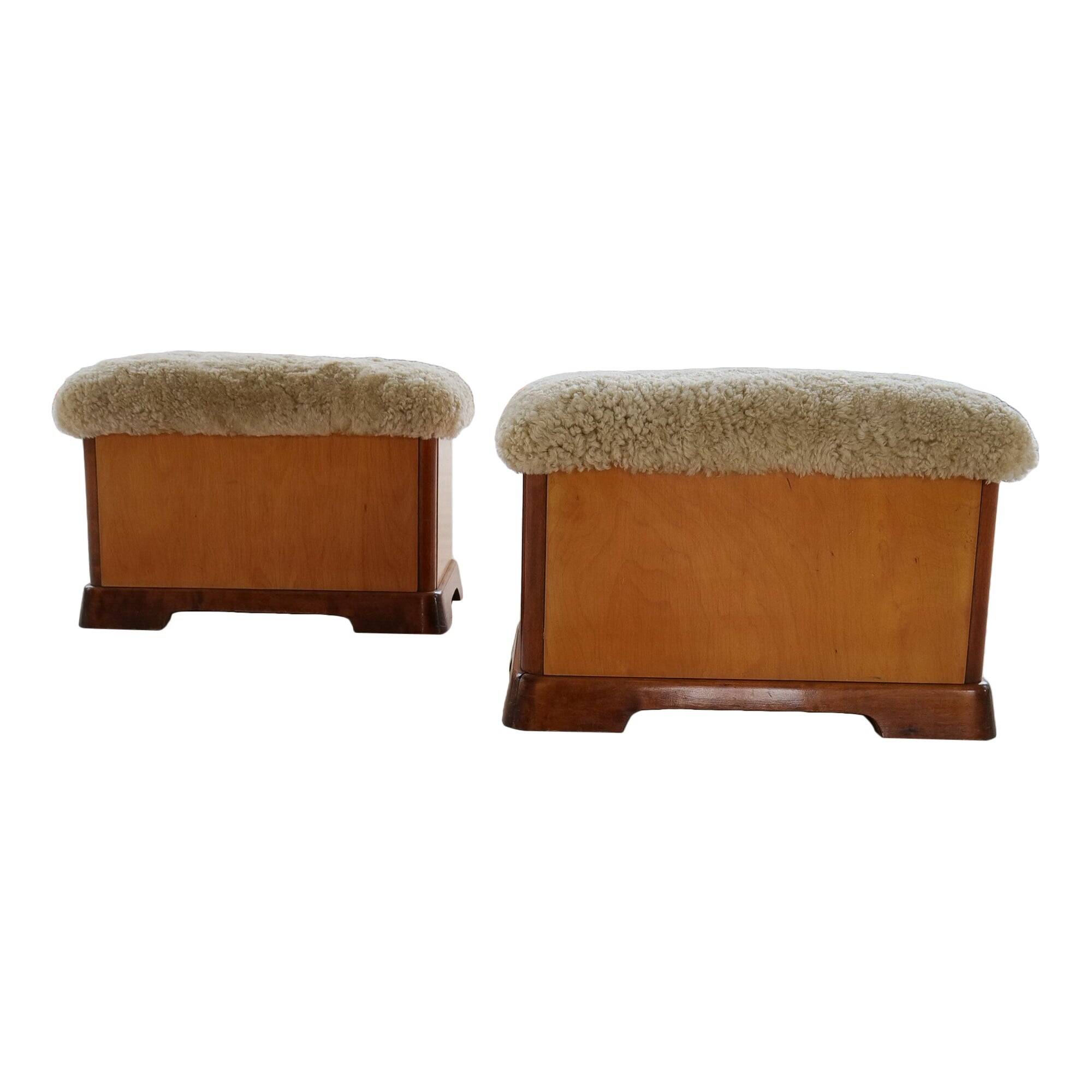 Swedish Art Deco Stools in Lacquered Birch with Sheepskin Seat, 1940s