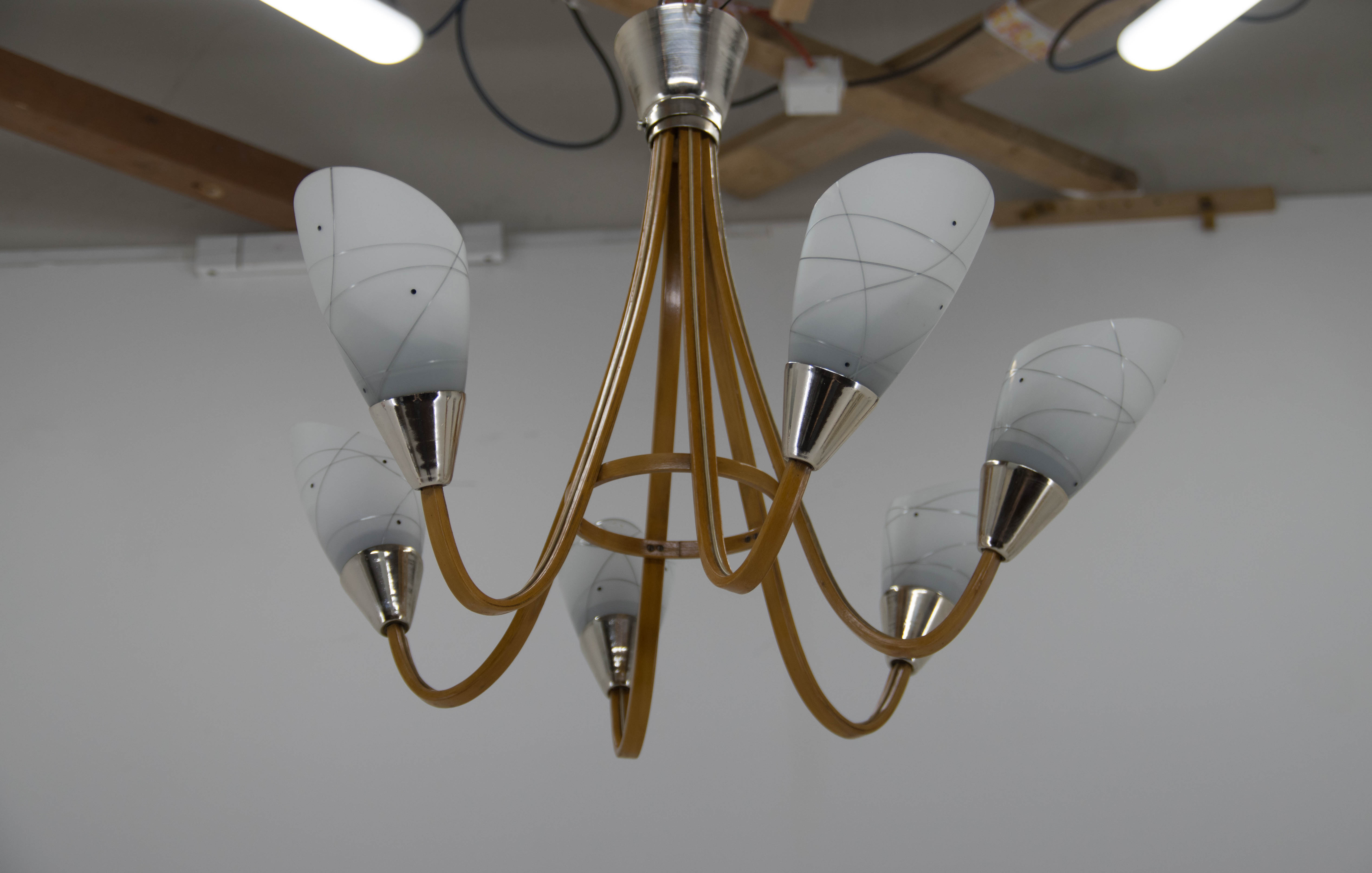 Mid-Century Wood & Glass Chandelier by Dřevo Humpolec, 1960s