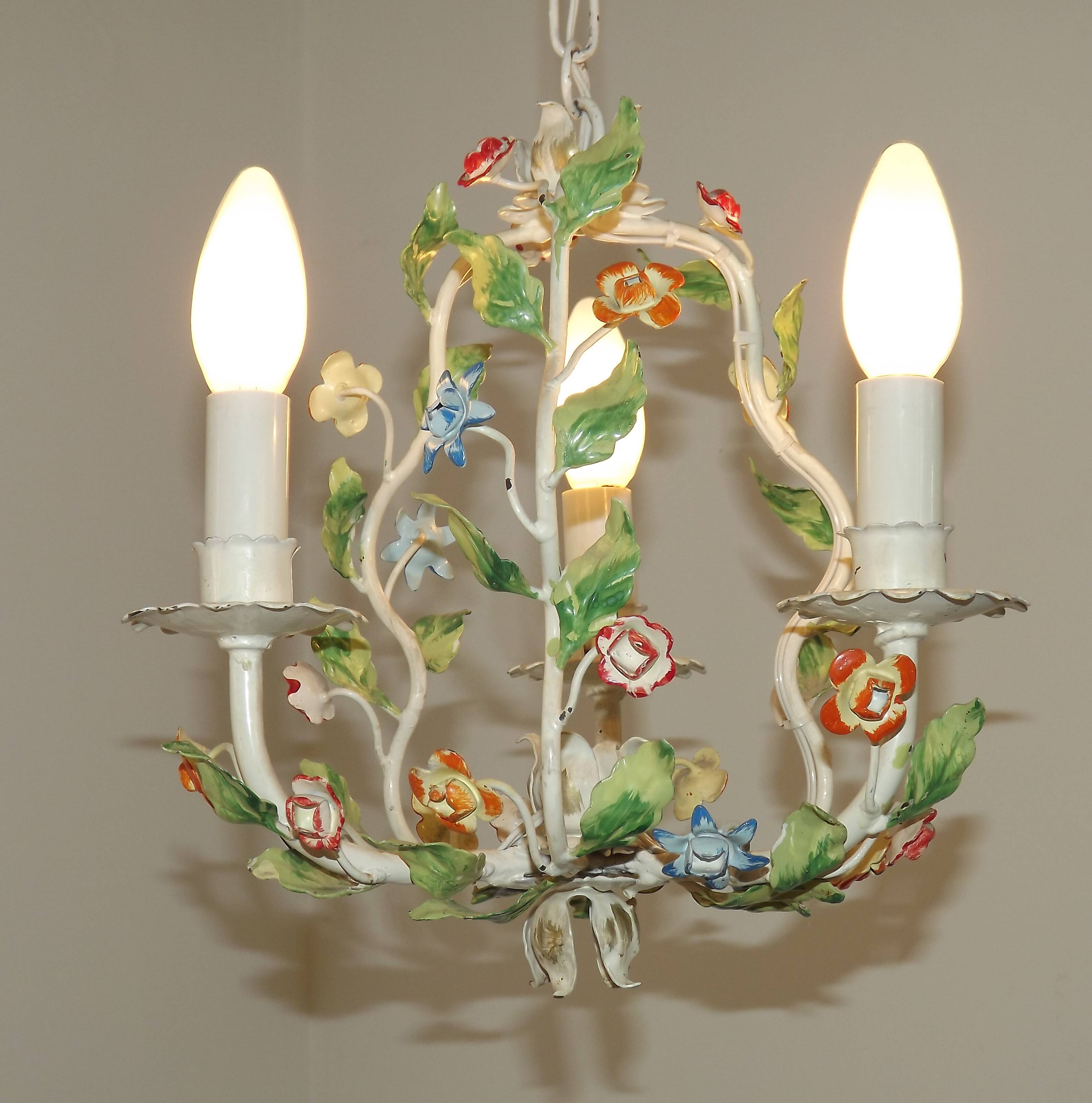 Romantic Vintage Italian Metal 3 Light Cage Chandelier Circa 1930s/40s