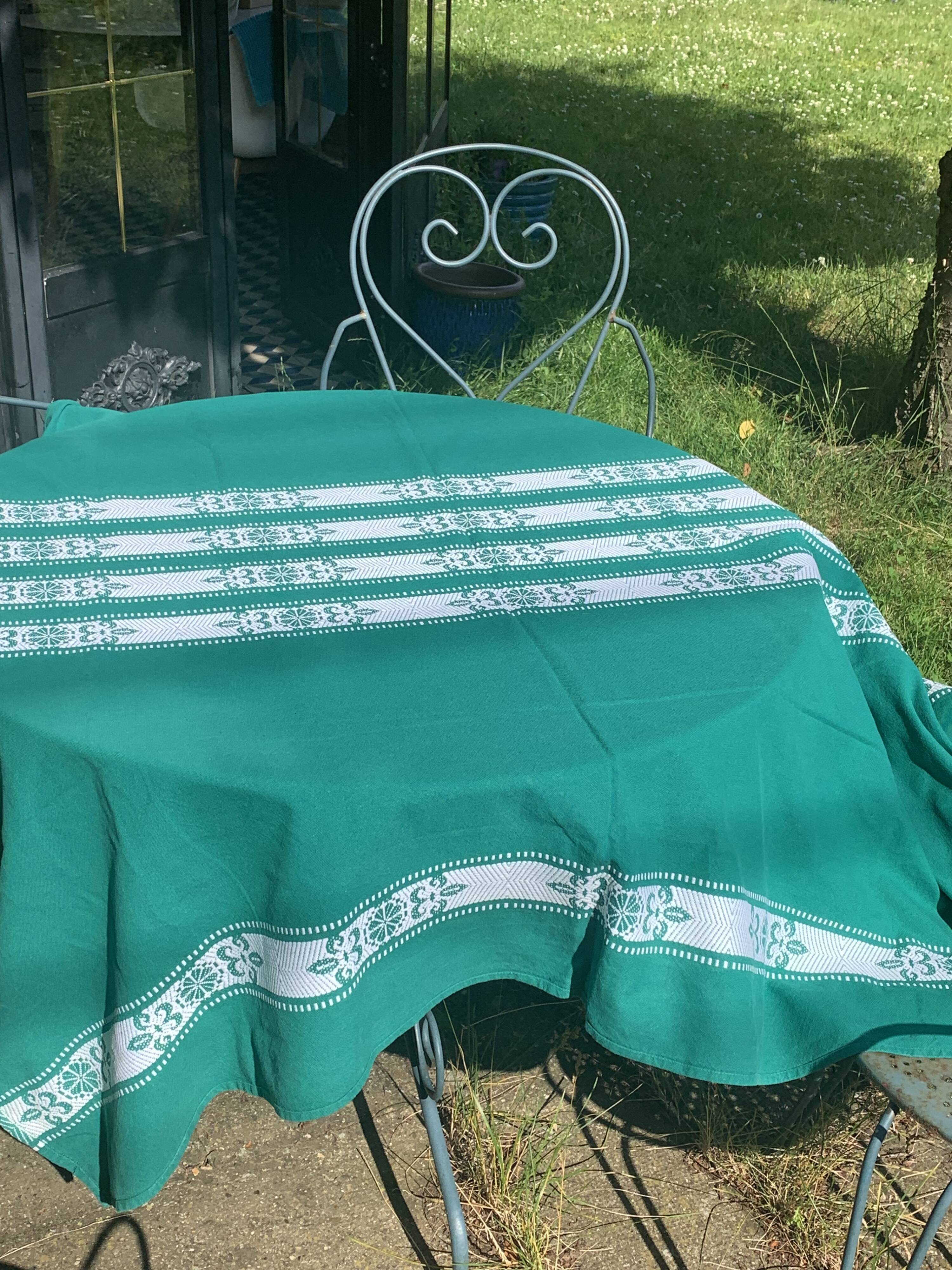 Helena Biarritz tablecloth, made in France, Basque linen, green with white embroidery, Vintage