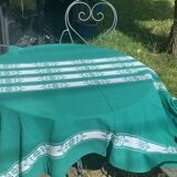 Helena Biarritz tablecloth, made in France, Basque linen, green with white embroidery, Vintage