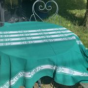 Helena Biarritz tablecloth, made in France, Basque linen, green with white embroidery, Vintage