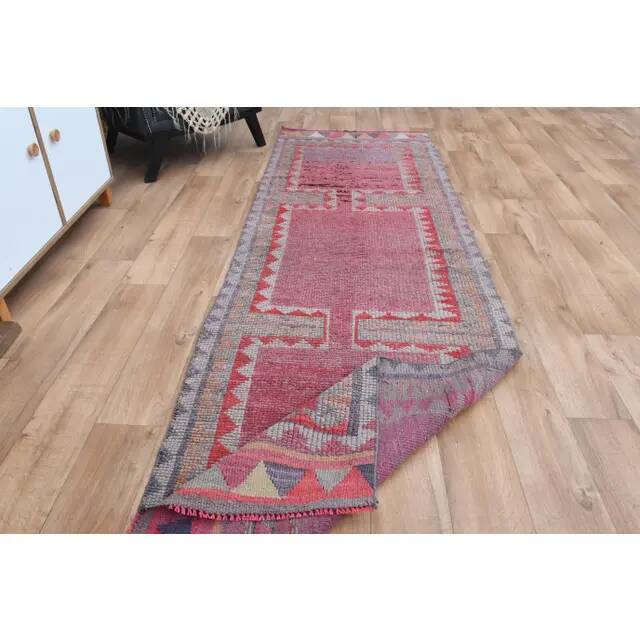 Tribal Turkish Vintage Runner, Pink Purple Handmade Oushak Runner 95x304