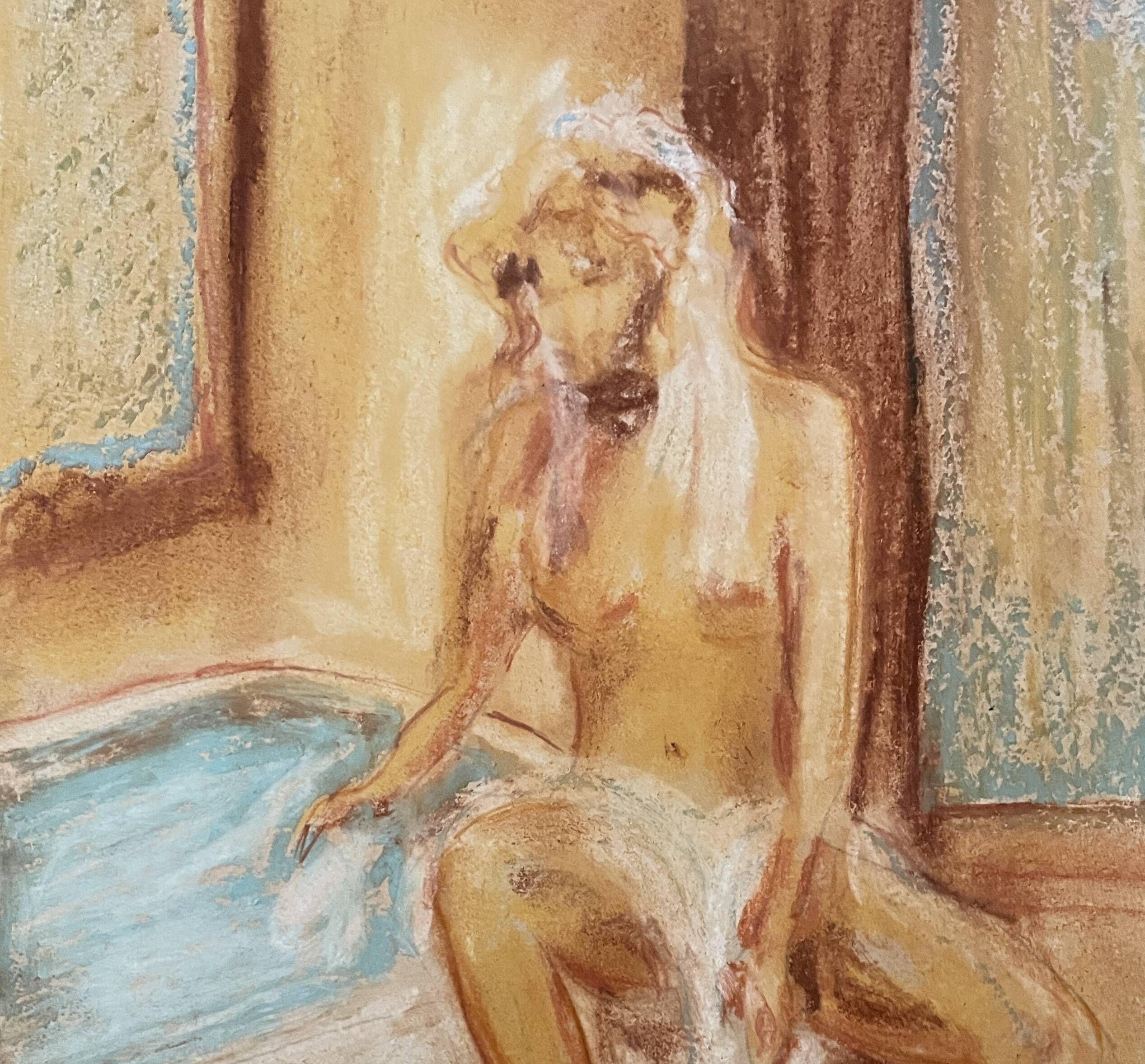 Signed pastel painting "The Bath" featuring a female portrait.