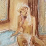 Tableau signé pastel  portrait féminin « le bain »