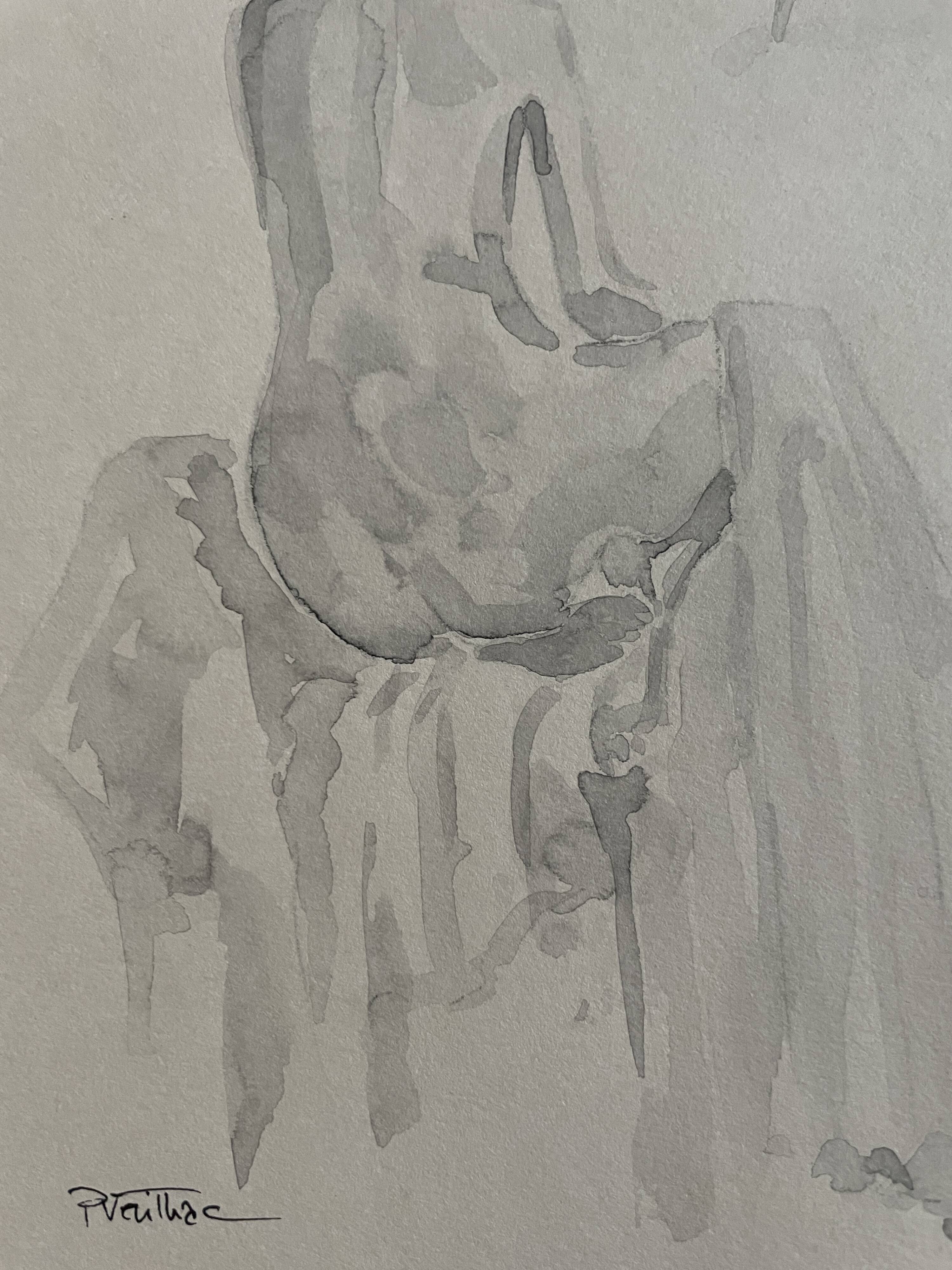 Painting signed monochrome sepia watercolor “female model in the workshop”