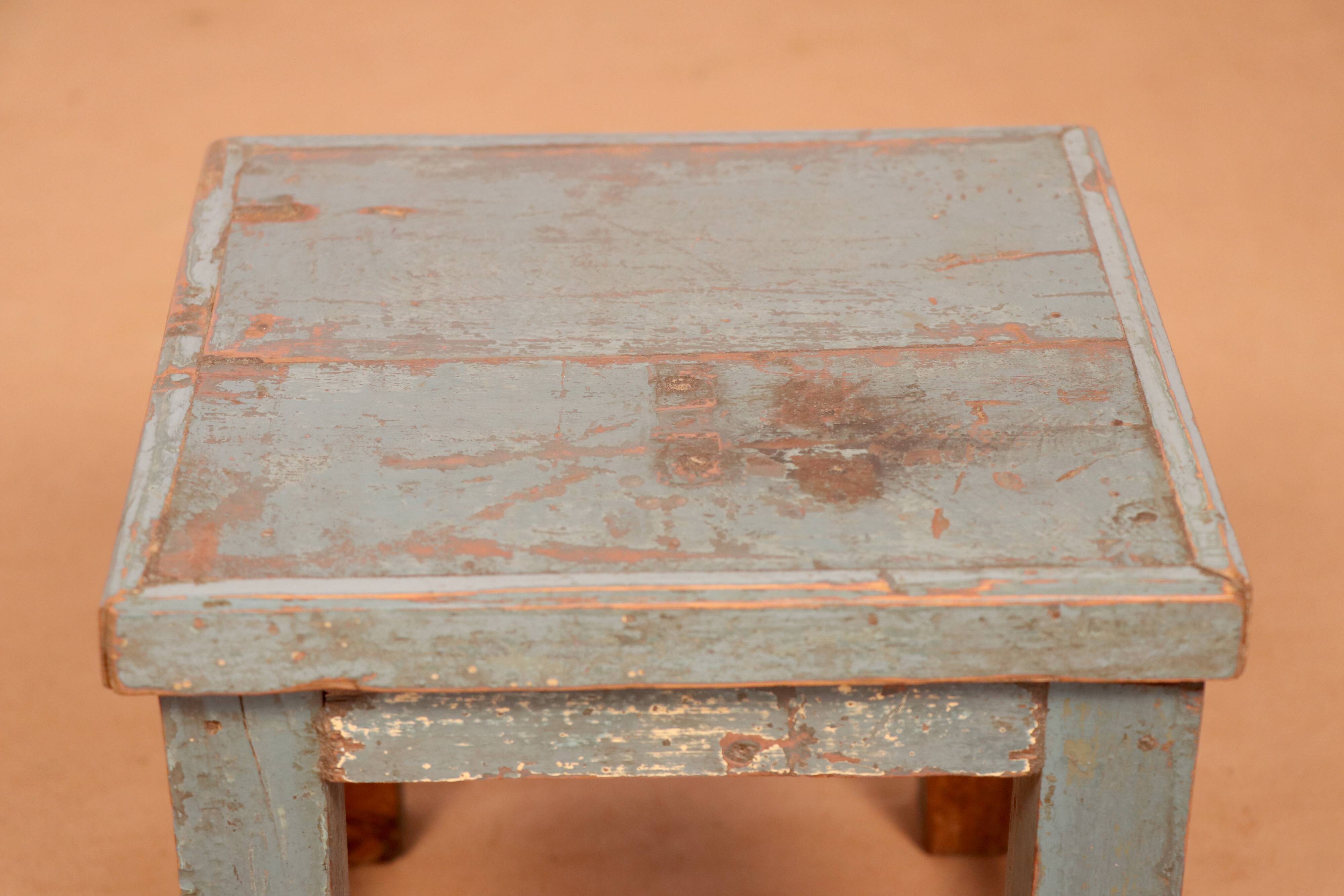 Old small workshop bedside table in Burmese teak original blue patina / ideal in fifth wheel p