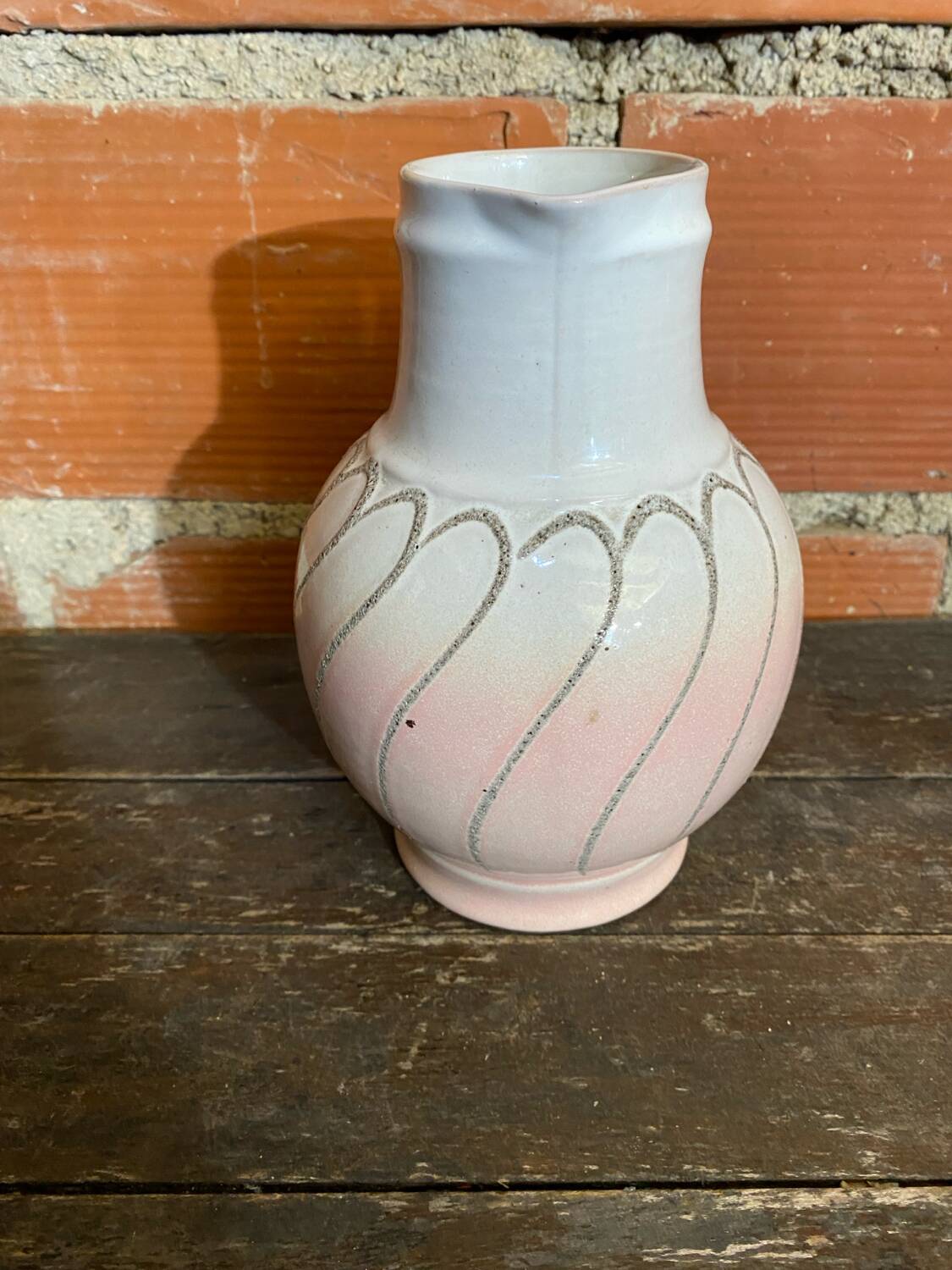 Vintage pichet ancien strehla ceramic pink & white 1950 west germany