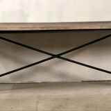 Iron workshop table and old wood tray