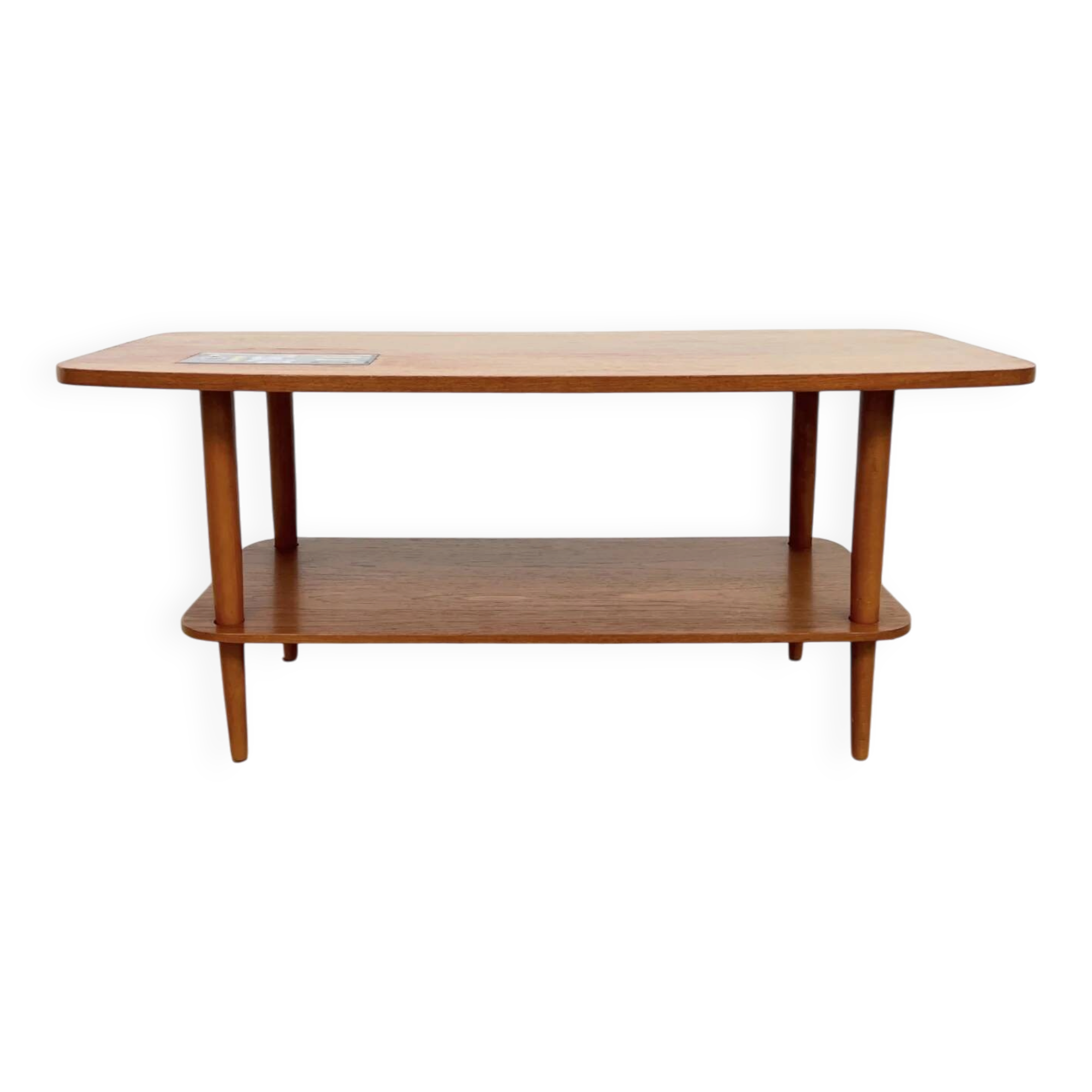 Teak coffee table with double top and ceramic insert — Scandinavian, 1960s