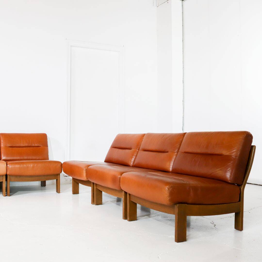 Brutalist 7-piece cognac leather modular sofa
