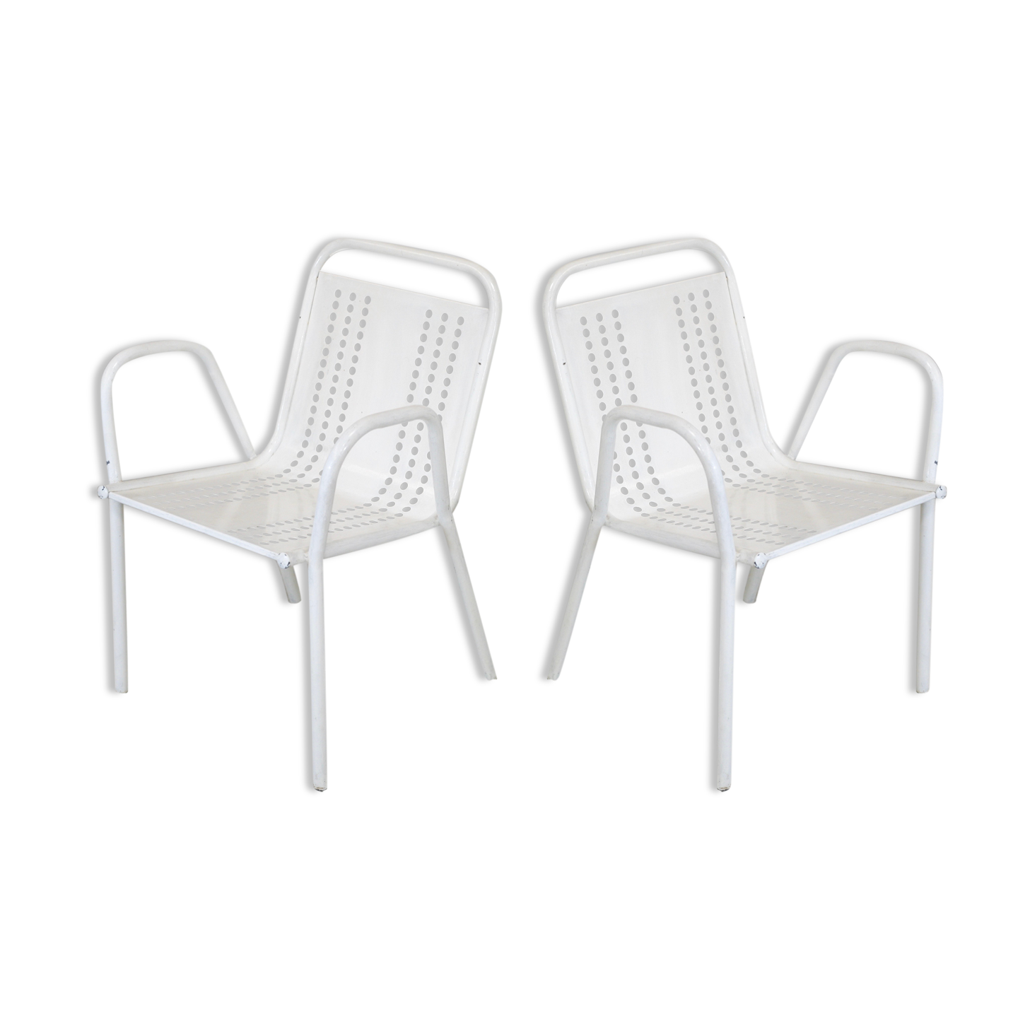 Pair of honeycomb steel armchairs. France, circa 1950.