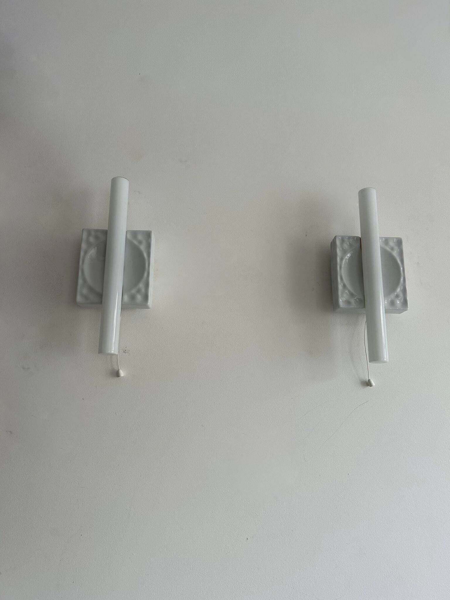 Pair of vintage porcelain wall lights with switch, France 1970.