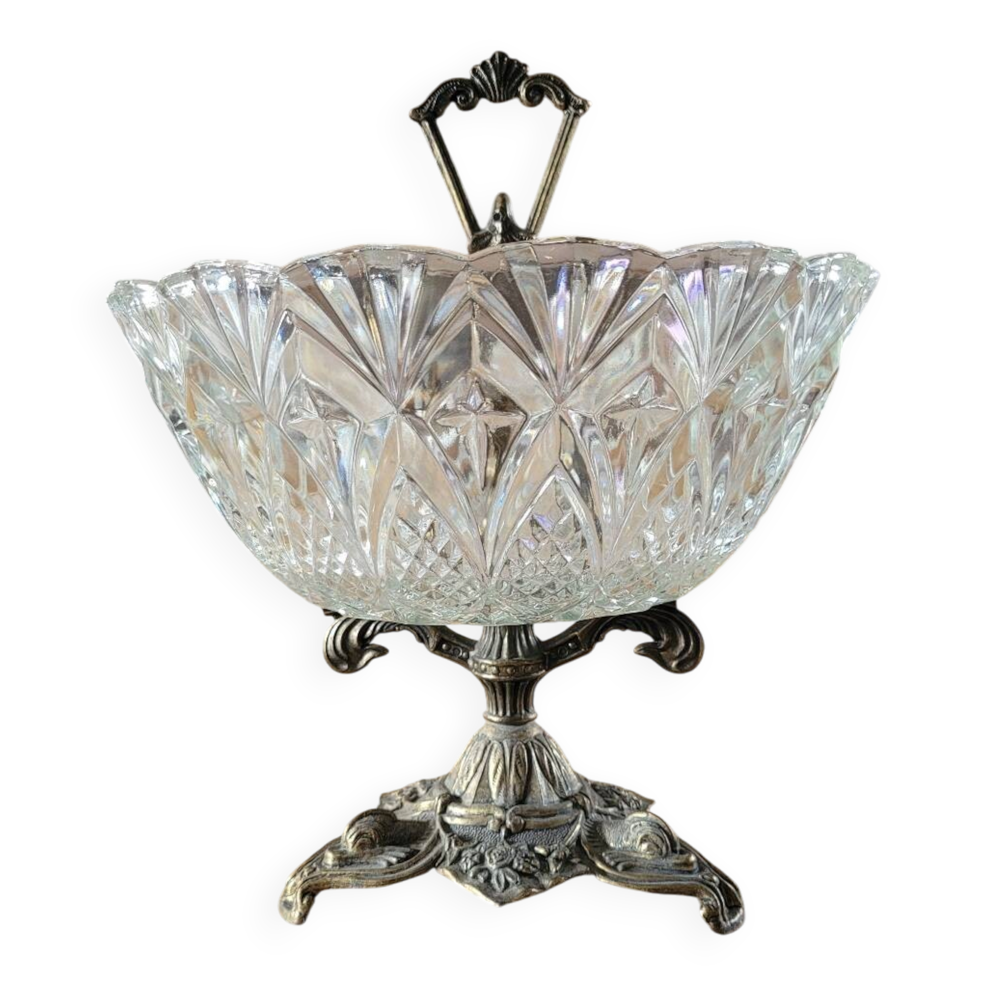 Cut glass bowl on a metal stand / compote dish