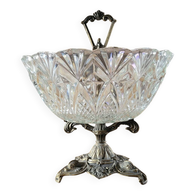 Coupe en verre ciselé sur pied en métal / compotier