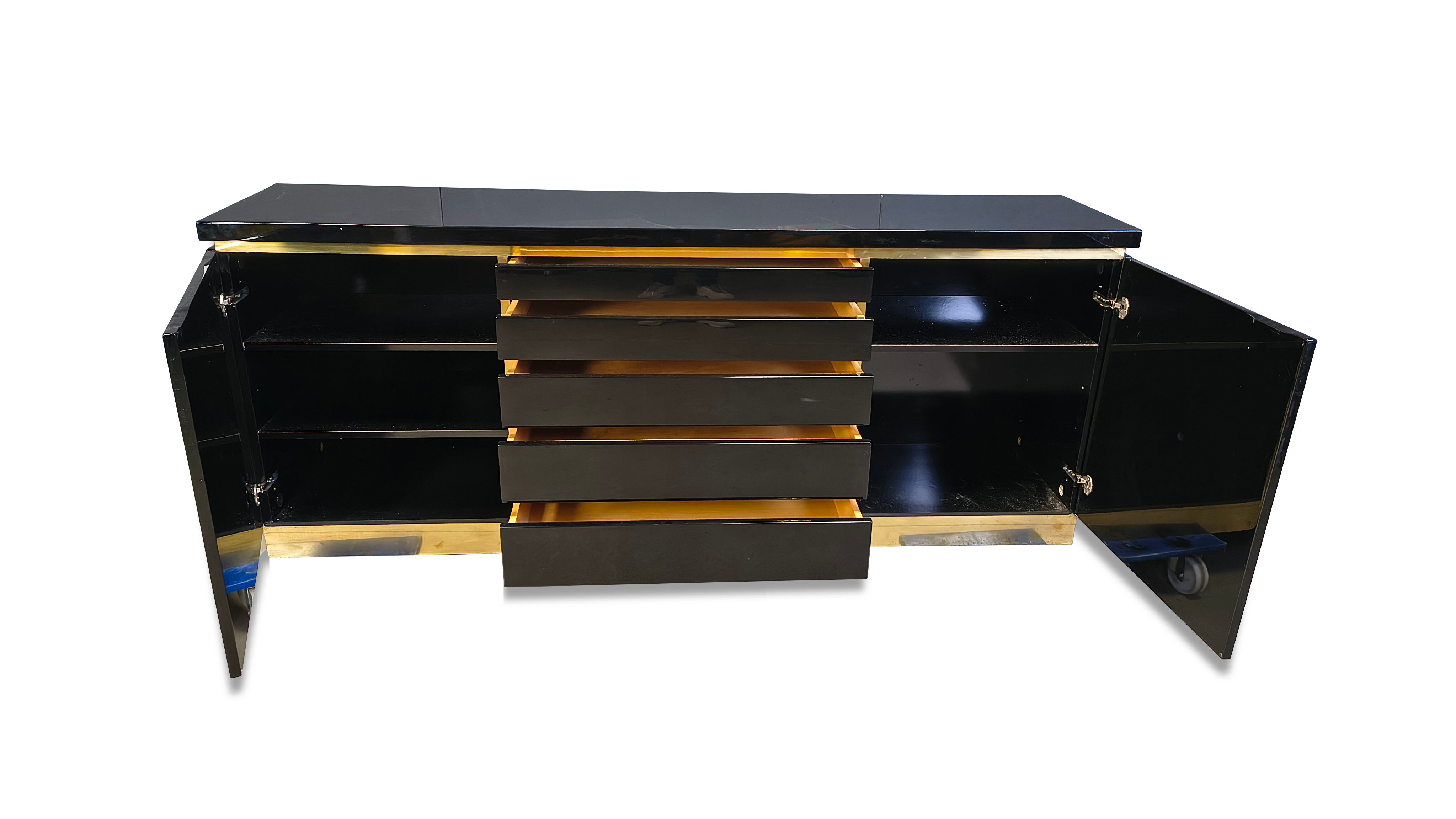Brass and lacquer sideboard by Jean Claude Mahey, 1970s