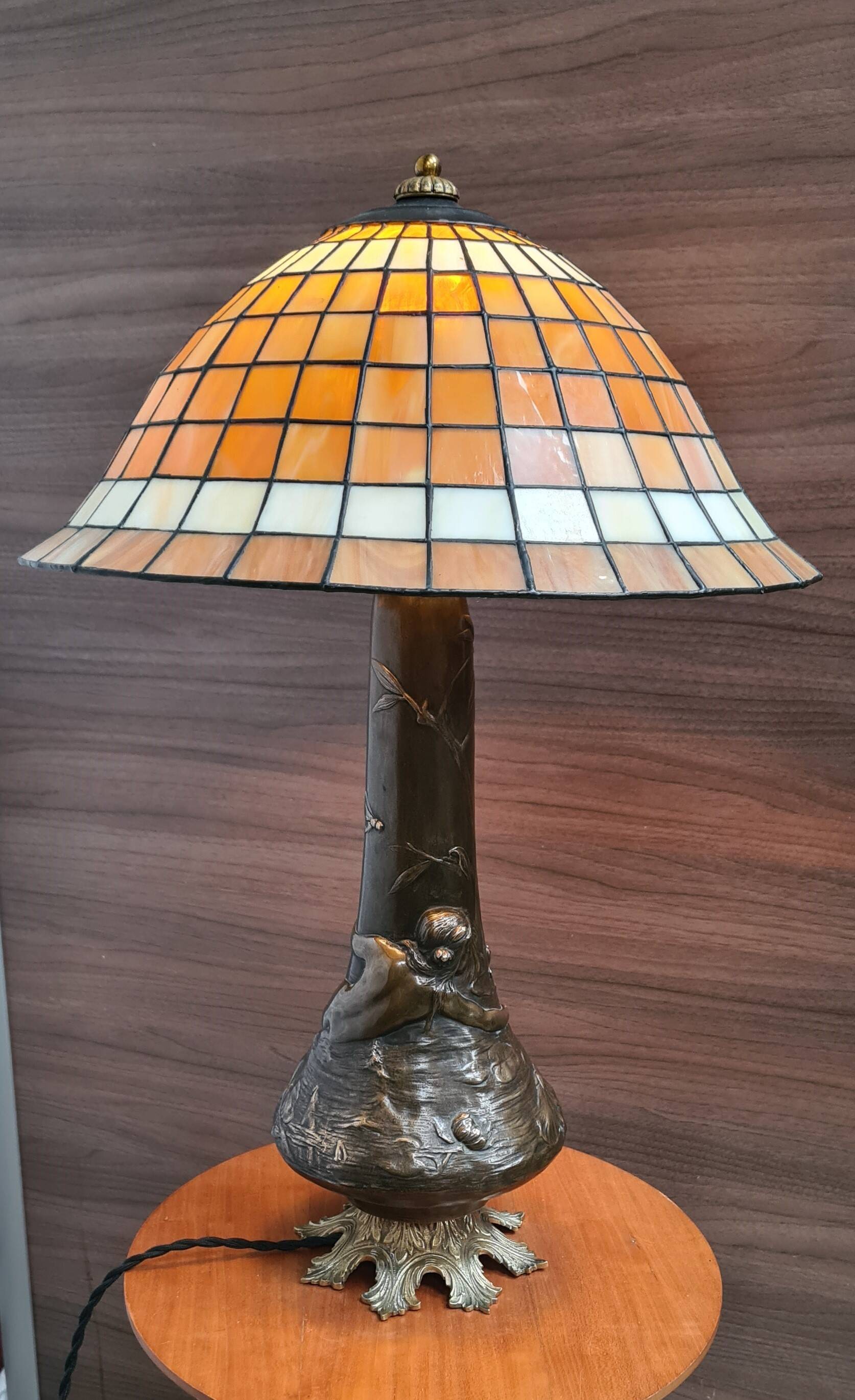 Large bronze lamp nynph in the bath 63x38 superb tiffany style lampshade